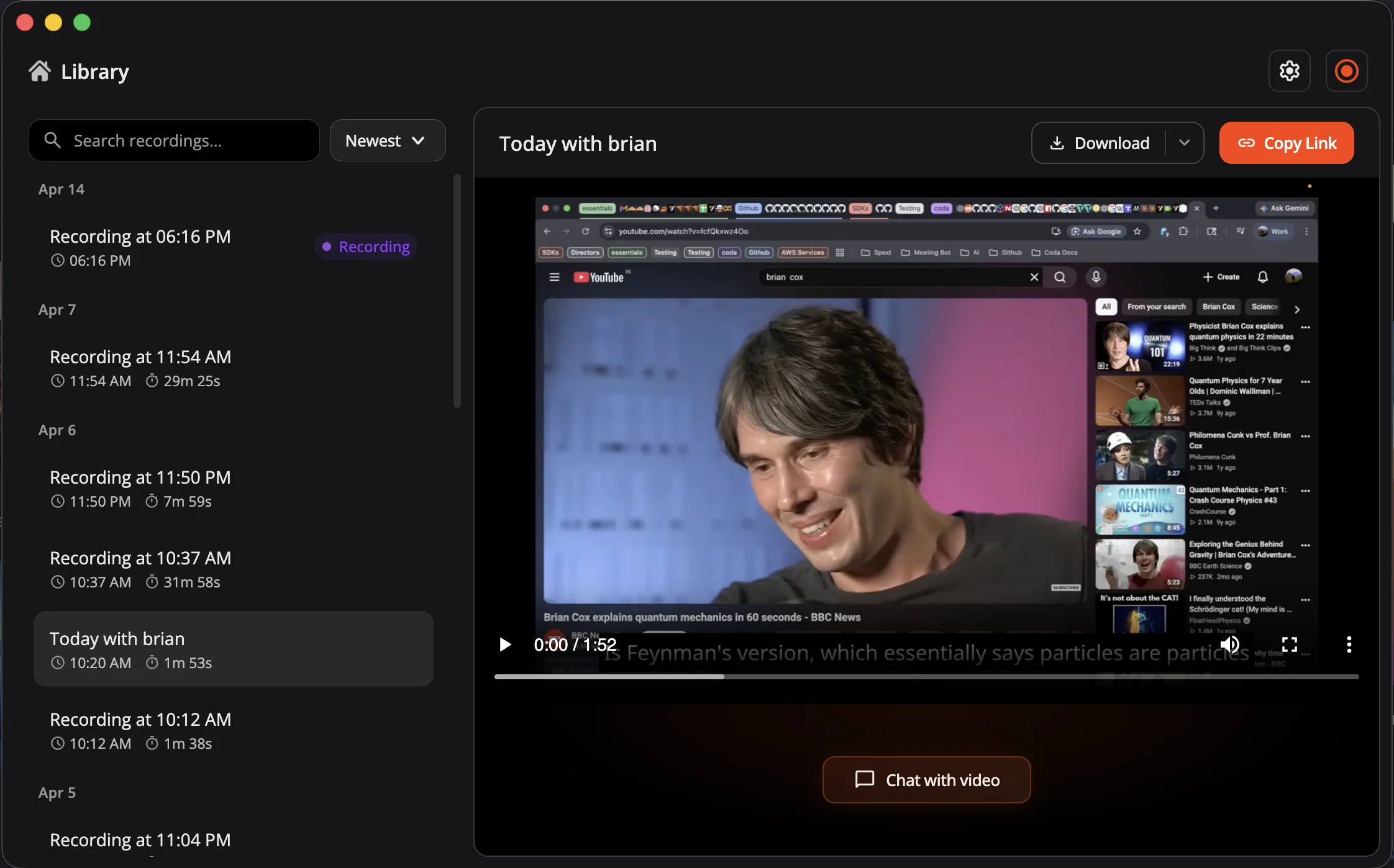 Bloom Library window with a Recording row showing the active 'Recording' badge, with several past recordings grouped by date in the left sidebar and an in-app player on the right